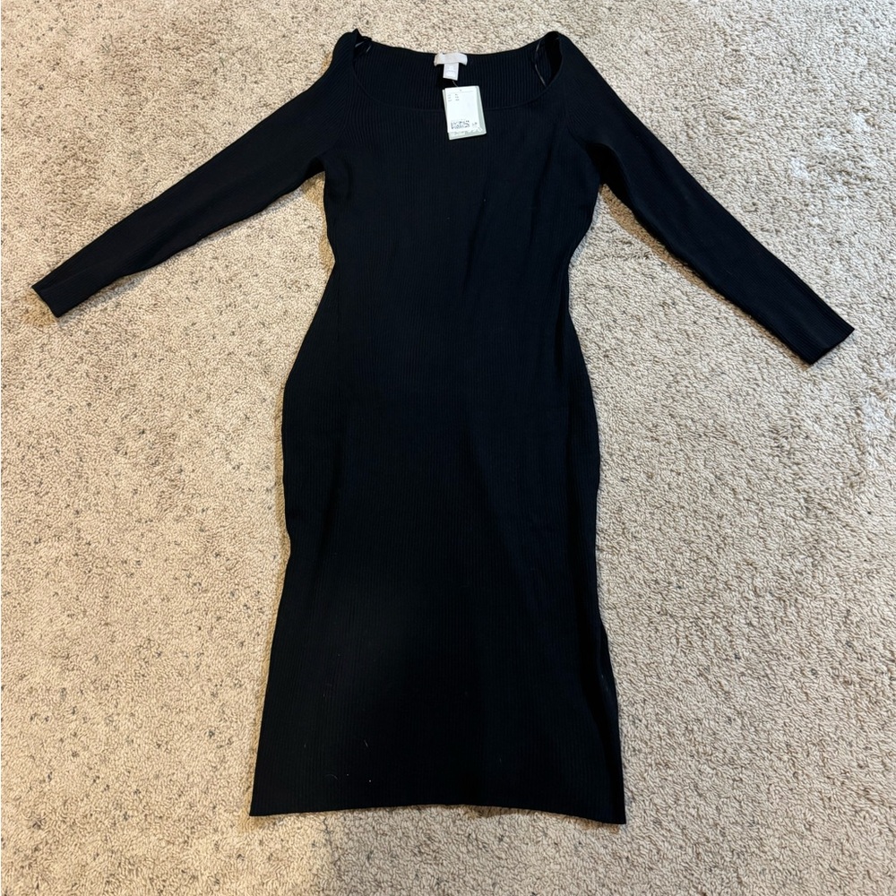 H&M Black Bateau Neck Long Sleeve Bodycon Dress